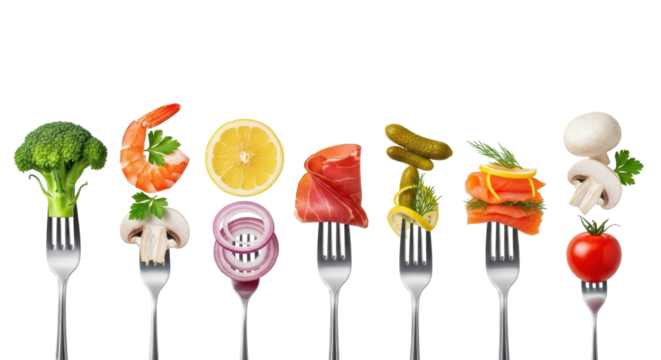 Shiny silver forks in a precise row, each piercing a diverse food item (broccoli, shrimp, lemon, prosciutto, salmon) on a transparent background. Concept of culinary perfection and fresh