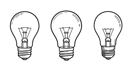 Naklejka premium Outline set of three light bulbs in black and white doodle style 