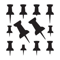 A set of push pin icons. silhouette on white background.