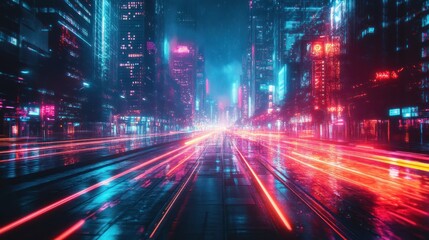 Neon city street at night, motion blur, futuristic cityscape, urban landscape, potential use stock photography