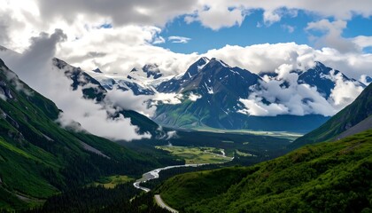 Obraz premium Scenic mountain valley with winding river and lush greenery. Vast landscape