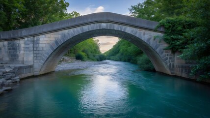 Fototapeta premium Grey stone bridge blending into turquoise river – Suitable for nature, connection, and harmony concepts