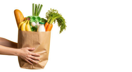 Healthy hands hold a full brown paper grocery bag with vibrant bananas, baguette, spring onions, carrots, egg carton, and milk bottle on a bright lemon-yellow background with copy space, concept of