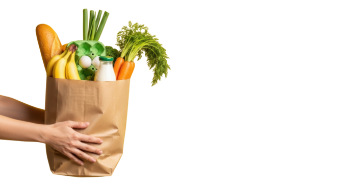 Healthy hands hold a full brown paper grocery bag with vibrant bananas, baguette, spring onions, carrots, egg carton, and milk bottle on a bright lemon-yellow background with copy space, concept of - Powered by Adobe