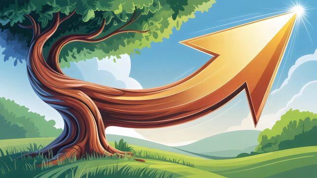 Vibrant tree transforming into golden directional arrow – Ideal for opportunity, purpose, and growth themes