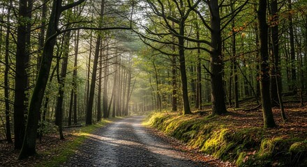 Obraz premium A winding dirt road illuminated by dappled sunlight filtering through a dense, lush green forest.