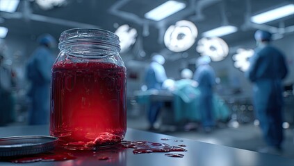 A glass mason jar filled with a crimson liquid, possibly blood, sits on a metallic surface in a sterile operating room.  Blurred figures in scrubs are in the background