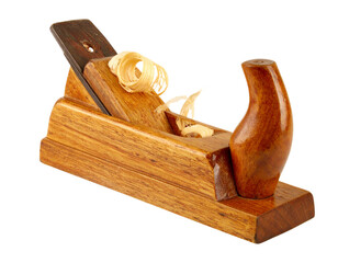  Vintage Hand Plane Tool with Curling Wood Shavings, angled view, isolated PNG