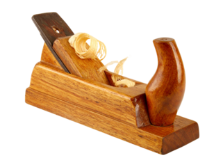  Vintage Hand Plane Tool with Curling Wood Shavings, angled view, isolated PNG