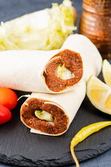 Traditional turkish food cigkofte. Cigkofte wrap.