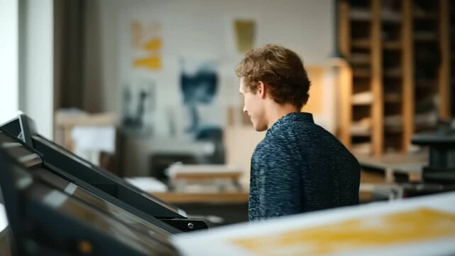 Small print shop owner checking fresh poster from risograph machine