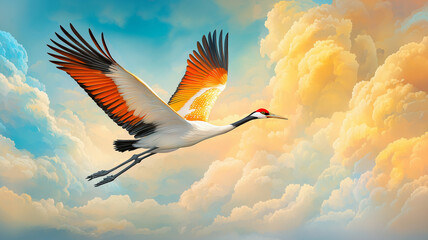 Obraz premium Crane bird flying with orange and black wings against vibrant sky filled with soft, glowing clouds, symbolizing freedom and resilience in nature
