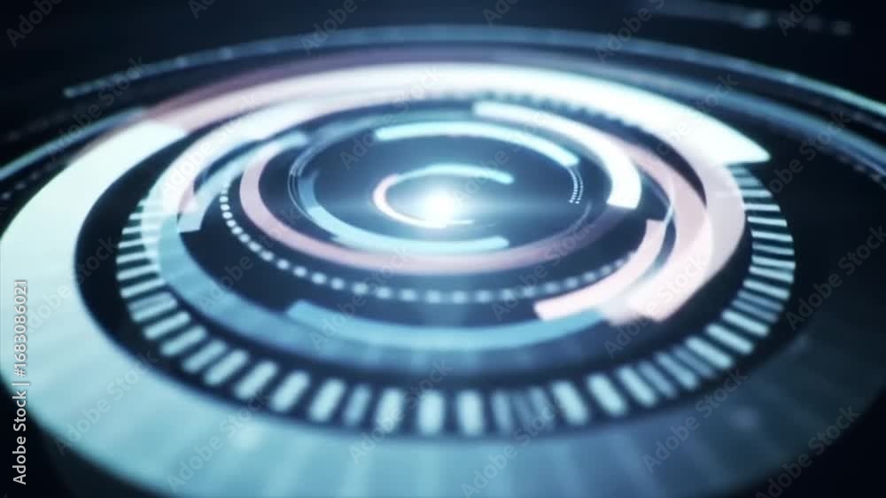 Poster futuristic digital interface with circular elements and glowing light effects.