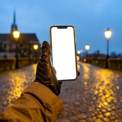 Hand holding phone at night on a bridge