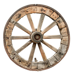 Antique wooden wagon wheel showing rustic texture and craftsmanship