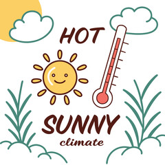 Cartoon illustration of a happy sun thermometer and clouds depicting a hot and sunny climate with grass