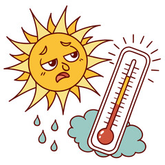 Cartoon sun looking distressed with sweat drops next to a thermometer showing high temperature on a cloudy day