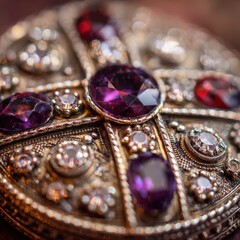 Macro shot of a vintage ornate cross brooch adorned with sparkling purple and red gemstones