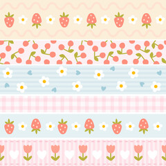 Cute kawaii set of seamless vector patterns borders in summer. Hand-drawn illustrations in simple cartoon style. Perfect for stationery design, post it, scrapbooking, tape, ribbons. Pastel palette.