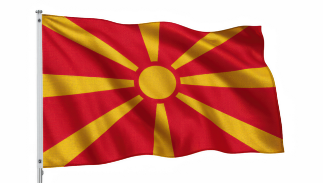 Flag of North Macedonia waving in the wind against a white background  