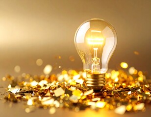 Illuminated golden lightbulb amidst sparkling gold confetti