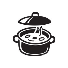  Black pot draw, cooking soup, boiling stew pot, vector, solid white background. 