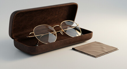 Stylish gold-rimmed glasses rest in a rich brown case with a cleaning cloth nearby
