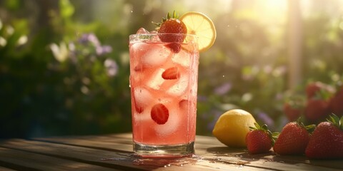 A refreshing strawberry lemonade drink, garnished with lemon and ice, sits on a wooden table outdoors in a sunny garden setting.