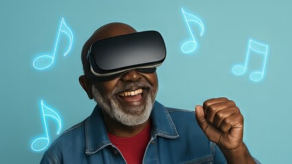 Active aging Black man experiencing immersive virtual reality music with VR headset and glowing neon music notes