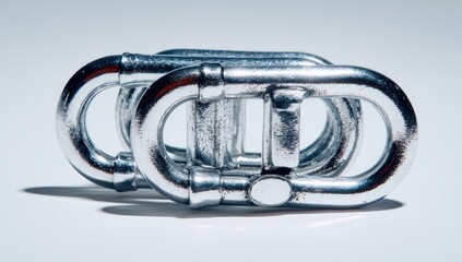 Close-up of three metal links, likely for rigging or climbing