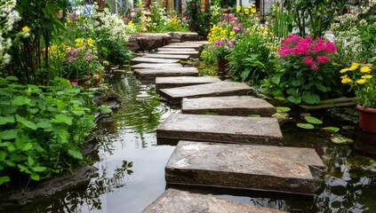 A stone pathway meanders through a vibrant garden filled with colorful flowers and lush greenery, reflecting in a shallow water feature.