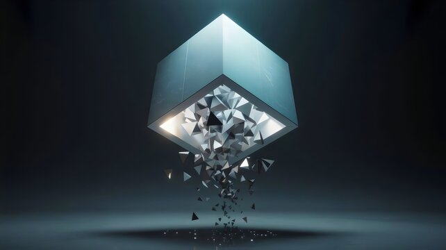 Photograph of luminous cube breaking into glowing triangular shards – Ideal for abstract storytelling, design resources, or futuristic themes