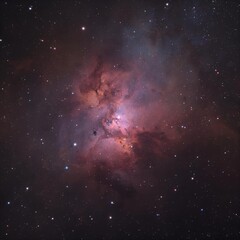 A detailed view of the lagoon nebula with its pink and purple hues surrounded by countless stars in space