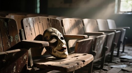 A weathered theater mask rests on a wooden seat in a dilapidated auditorium. Sunlight streams in