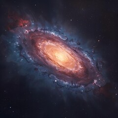 A vibrant spiral galaxy with a bright orange center surrounded by swirling cosmic dust and distant stars