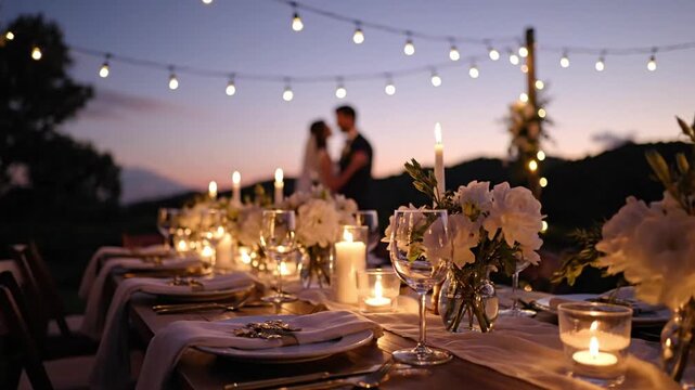 Elegant outdoor wedding reception dinner table with couple