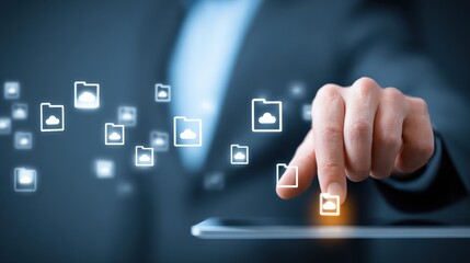 A persons finger touching a glowing icon representing cloud storage on a tablet interface