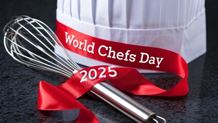 World Chefs Day 2025:  Chef's hat, whisk, and red ribbon; festive culinary celebration.