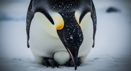 A majestic Emperor penguin carefully incubates its single egg on its feet, protecting it from the harsh, cold snows of Antarctica