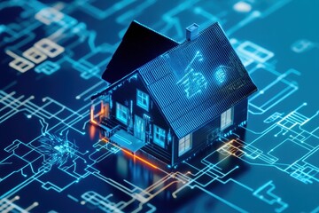 Digital house model showcasing smart technology and electronic circuits for home automation