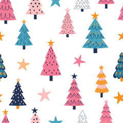 Whimsical christmas tree pattern with scattered stars for festive holidays