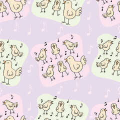 Seamless pattern with chickens and musical notes. Vector illustration.