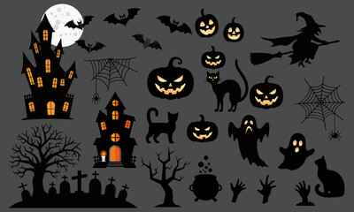 Halloween Collection graphic elements - pumpkins, ghosts, cat, and others. Hand drawn set. Vector illustration.
