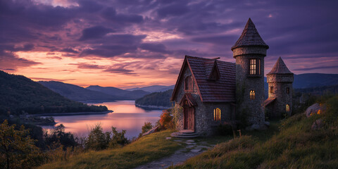 Fairytale cottage on a hill, overlooking magical sparkling lake, whimsical towers, sunset glow