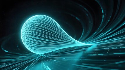 Cyan hologram unfolding into glowing network of swirling lines