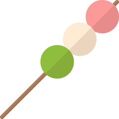 Three colorful mochi balls on a stick, traditional Japanese sweet treat.