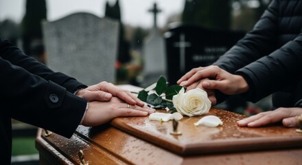 A man and a woman are touching a white rose on a casket. The scene is somber and reflective, as the couple is likely saying goodbye to a loved one
