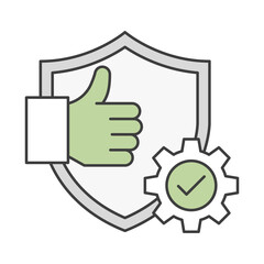 Shield with thumbs up icon representing dependability service quality trust consistent performance business reliability