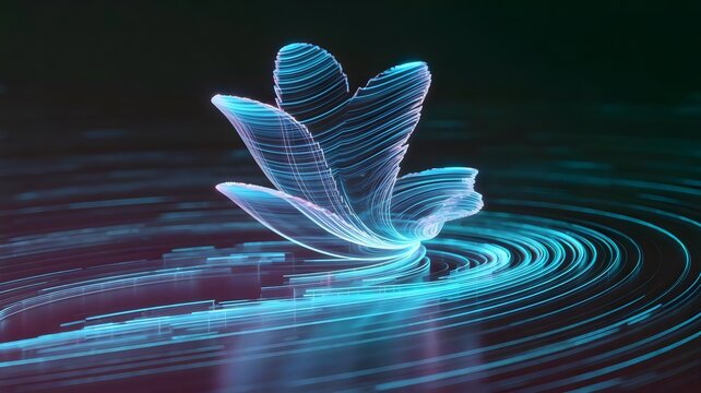 Hologram dissolving into swirling blue and cyan glowing lines