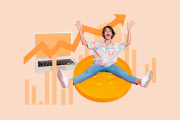 Poster trend collage image of excited businesswoman sit laptop chart development arrow progress...